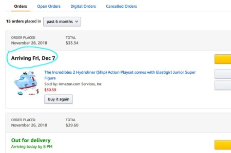 A screenshot of some purchases made online and when they will arrive.