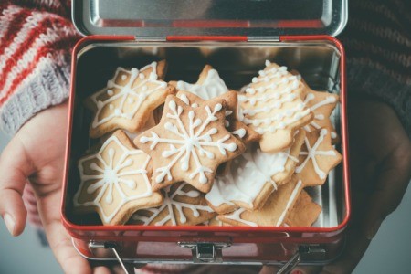 Gingerbread cookies in a tin box.