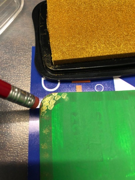 Christmas Tree Ribbon Card - using eraser to paint dots around the edge