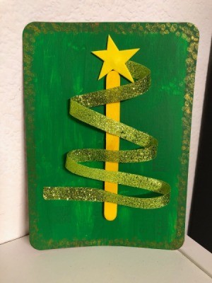 Christmas Tree Ribbon Card - finished card standing against the wall