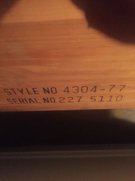 Style and serial number on a Lane cedar chest.