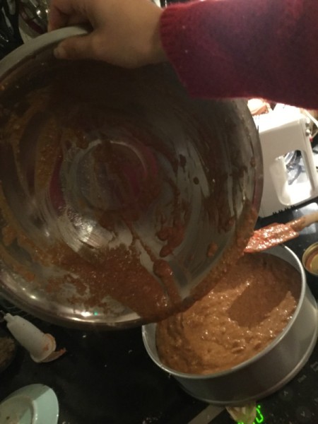 pouring batter in baking pan