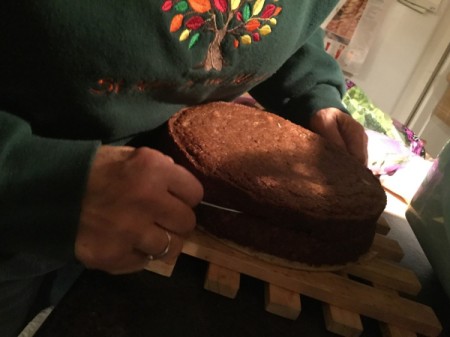 cutting carrot cake with floss