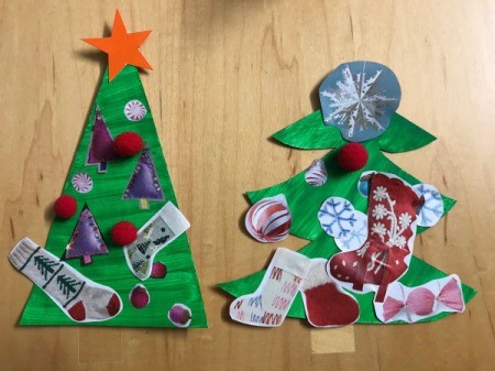 Kids' Christmas Tree Craft - two decorated paper trees