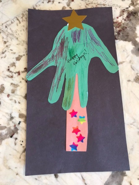 Christmas Tree Card Made by a Toddler - stickers on the trunk