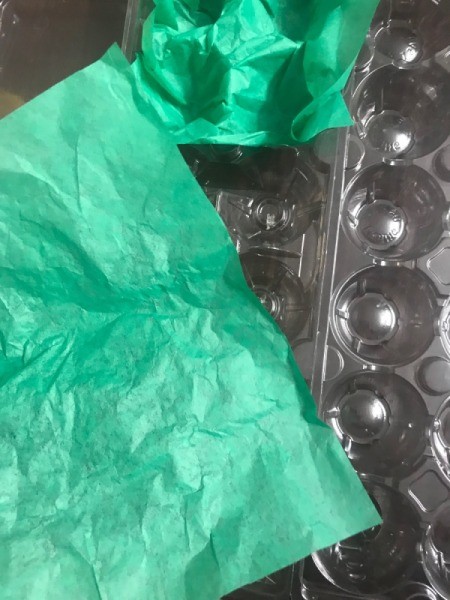 Christmas Candy Egg Carton Gift Box - stick one piece of the cut green paper into the carton at the ends