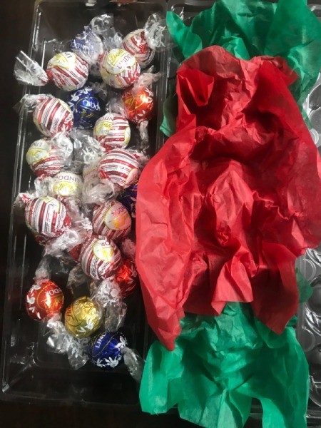 Christmas Candy Egg Carton Gift Box - Lindor chocolates sitting on crate lid