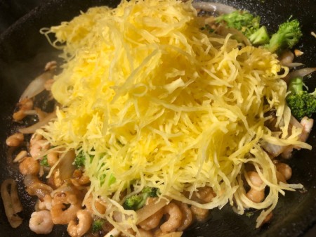 adding Spaghetti Squash noodles to pan