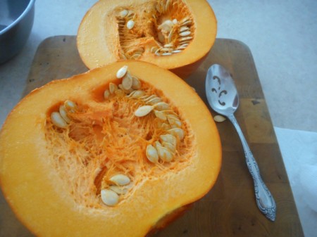 removing seeds from Pumpkin halves