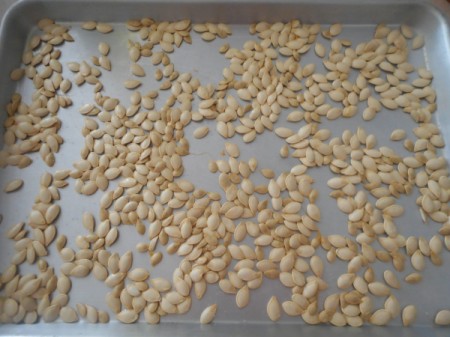 Pumpkin seeds on baking tray