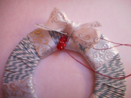Mini Wreath Ornament - bow added with the same ribbon and a add a bead to bow if desired