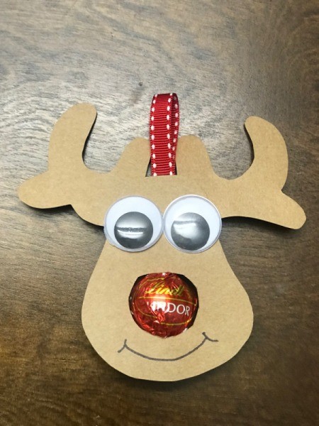 Candy Nose Reindeer Ornament - reindeer ornament from the front with a ribbon hanger