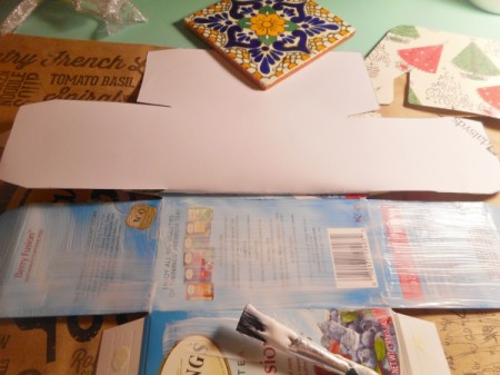 Up-cycled Gift Box - cut out shapes and spread the glue on the box, carefully attach the paper