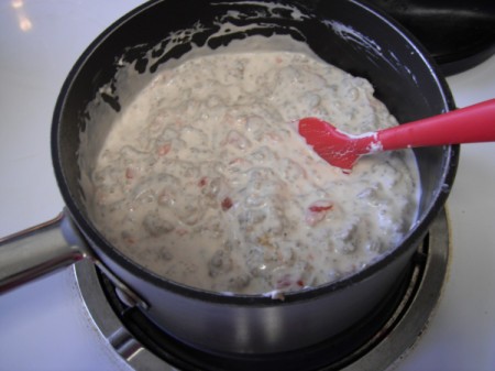 mixing Sausage Dip in sauce pan