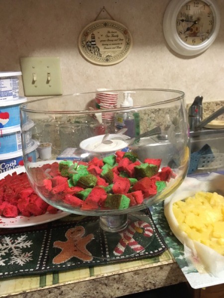 cut cake pieces in glass bowl