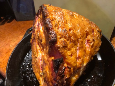 Citrus Bourbon Glazed Ham on pan