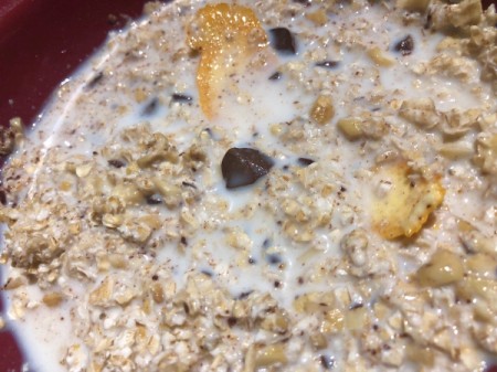 Chocolate Orange Cashew Oats and mik ready to microwave