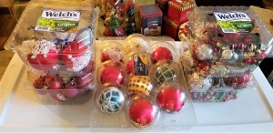 Christmas ornaments stored in plastic produce containers