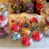 Christmas ornaments stored in plastic produce containers
