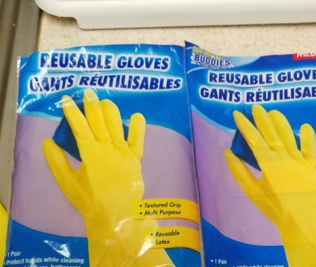 Two packages of rubber kitchen gloves.