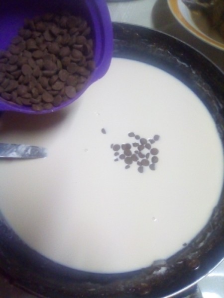 Chocolate chips added to pudding