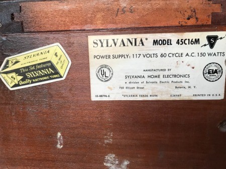 The label inside a Sylvania console stereo system.