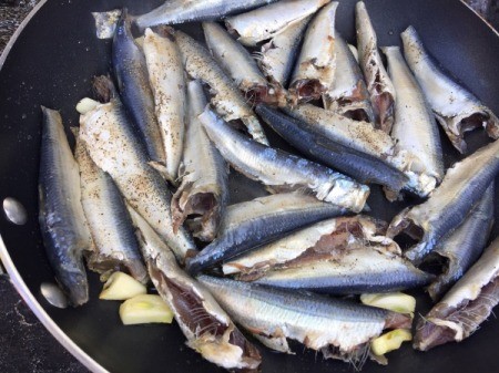 deheaded Sardines in pan