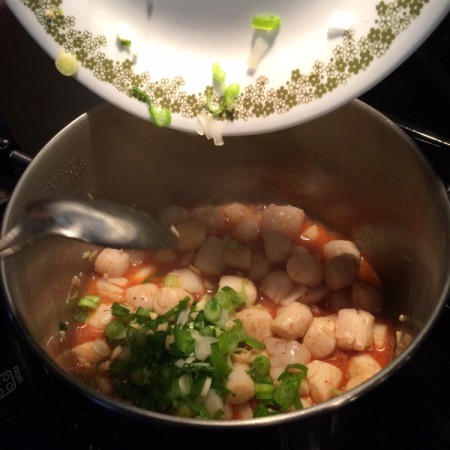 green onions added to Sauteed Scallops