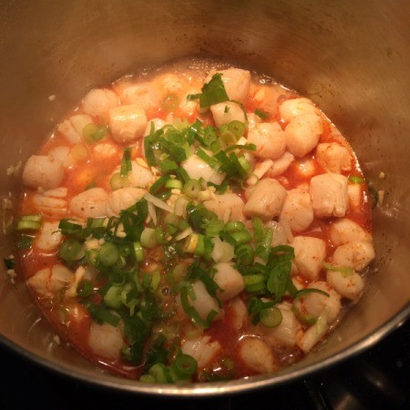 green onions added to Sauteed Scallops