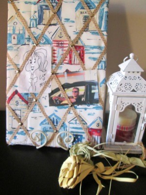 Making A Memory Board From Packing Materials - board in holder on mantel