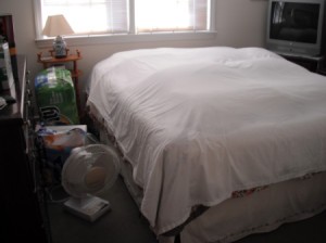 A sheet over a made up guest bed in a bedroom.