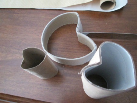 Recycled Paper Rolls as Heart Stamps - push in at the top and then pinch the bottom to create a heart shape