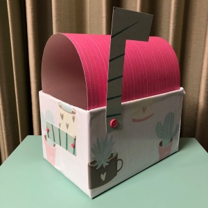 Recycled Cardboard Box Valentine's Day Mailbox - finished mailbox with the flag up