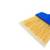 A blue broom with yellow bristles on a white background.