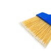 A blue broom with yellow bristles on a white background.