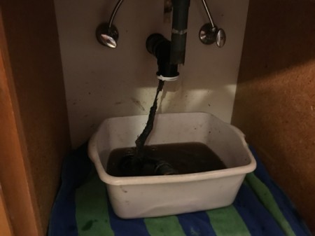 A dishpan full of dirty water and clogged hair.