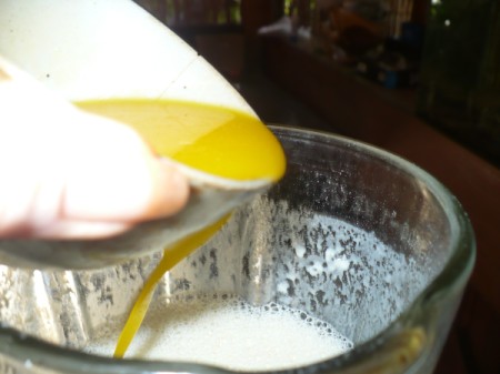 adding melted butter to batter