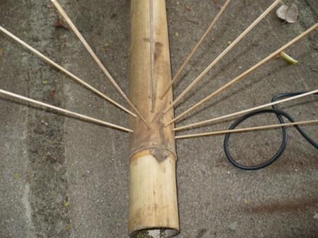 Making a Bamboo Rainstick - begin inserting skewers into the holes