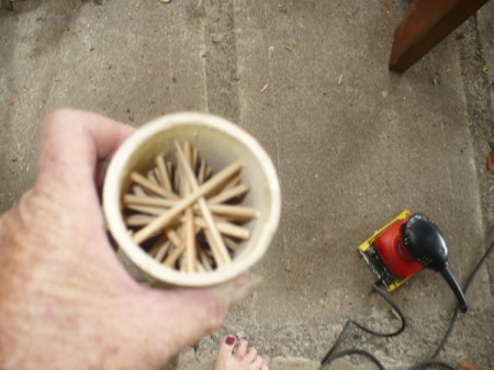 Making a Bamboo Rain Stick - turn open of the bamboo stick up, you will see the crossing skewers