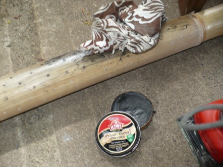 Making a Bamboo Rain Stick - once the glue is dry stain the outside of the bamboo with shoe polish