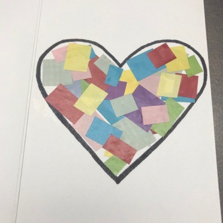 "I Love You To Pieces" Valentine's Day Card - colorful squares of paper inside the heart outline
