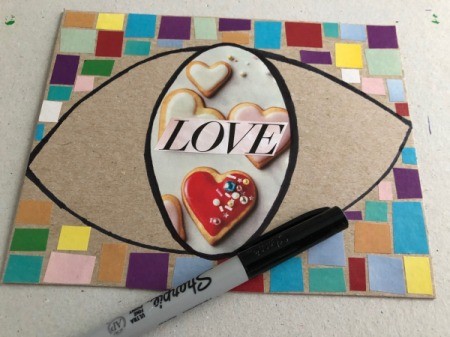 Eye Love You Valentine's Day Art Work - cut out the word love or use stickers in the center of the pupil