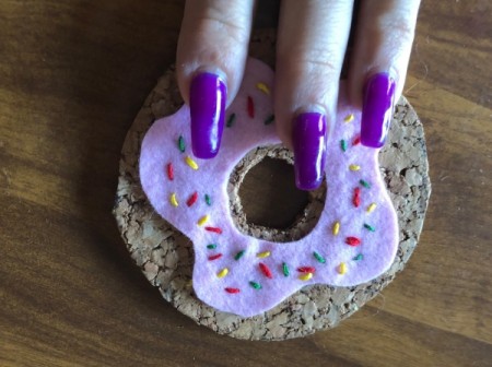 Donut Coasters - glue the felt to the donut, smoothing out wrinkles