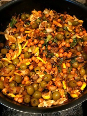 Chickpeas, Olives and Bokchoy in pan
