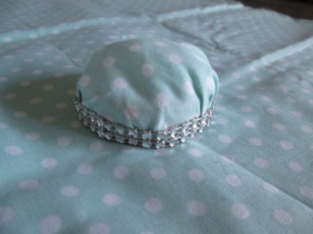 Double Duty Pin Cushion - excess fabric cut away and embellishment added