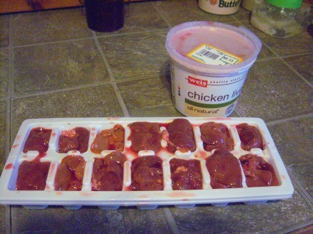 Thrifty Cat Snack (Chicken Liver) - livers in an ice cube tray