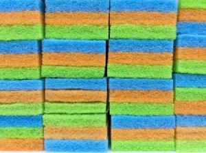 A stack of colorful sponges.
