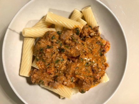 Creamy Meat Sauce on Pasta in bowl