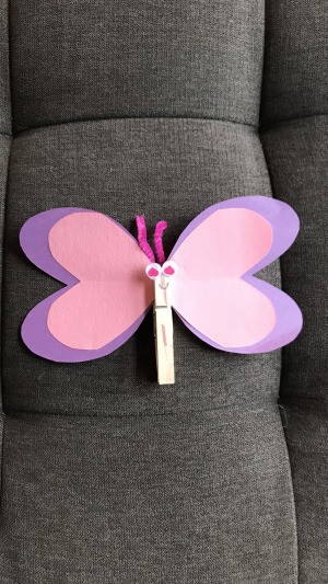 Imaginary Clothespin Flying Butterfly - pink and purple paper and clothespin butterfly