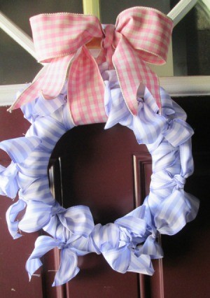 No Sew No Glue Ribbon Wreath - finished wreath hanging on a door by the ribbon bow loop hanger